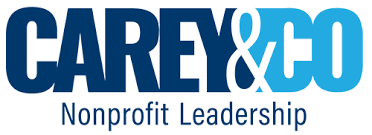 Carey & Co Nonprofit Leadership logo. Carey & Co is bolded in two shades of blue. Nonprofit Leadership is subscript in the same darker blue are Carey.